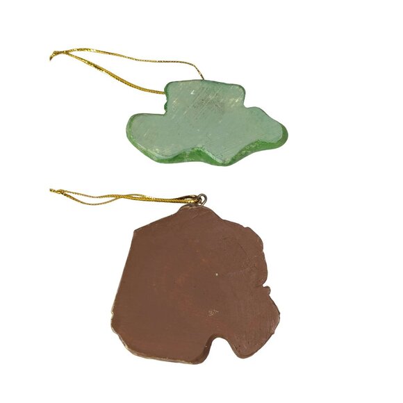 Fishing Vest and Hat Ornaments 2-Piece Brown Green Ceramic Gold String Vintage - Picture 3 of 3
